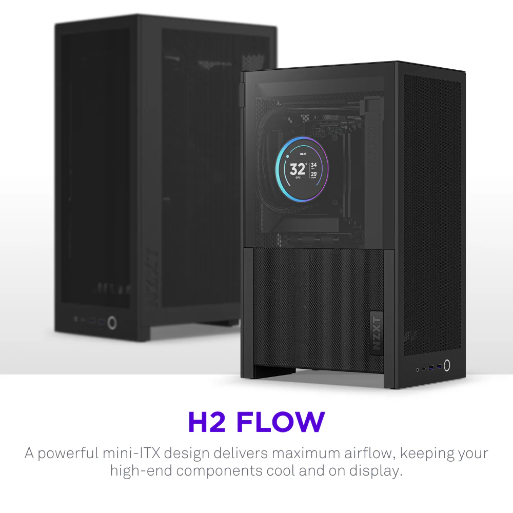 NZXT H2 FLOW MINI-ITX CASE W/PCIE5.0 RISER CABLE BLACK thumbnail 2